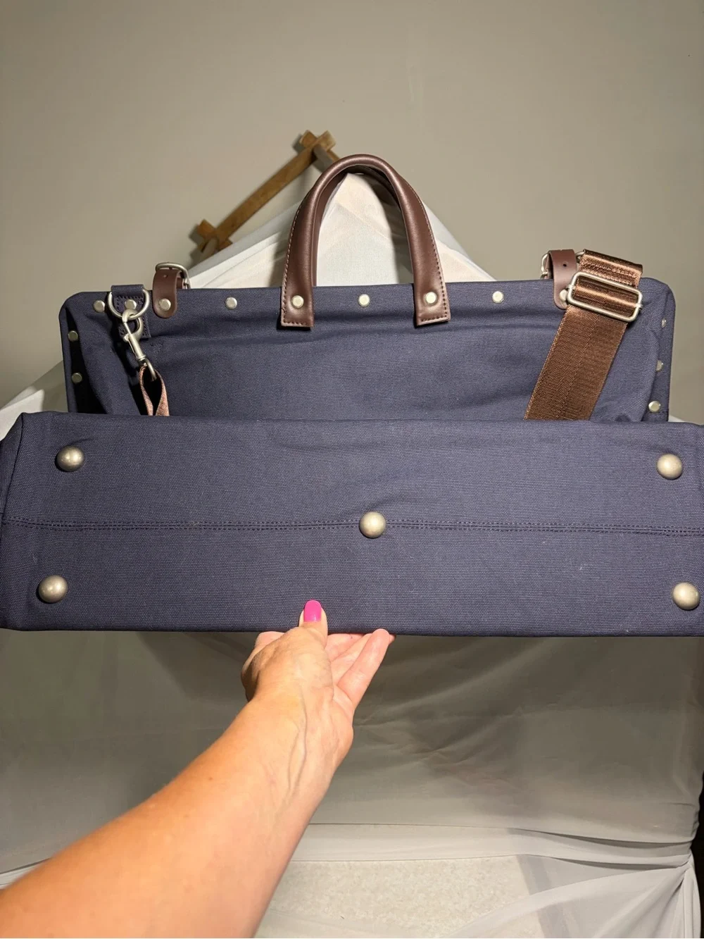 Timber & Trade Navy Canvas Duffel with Brown Leather Trim